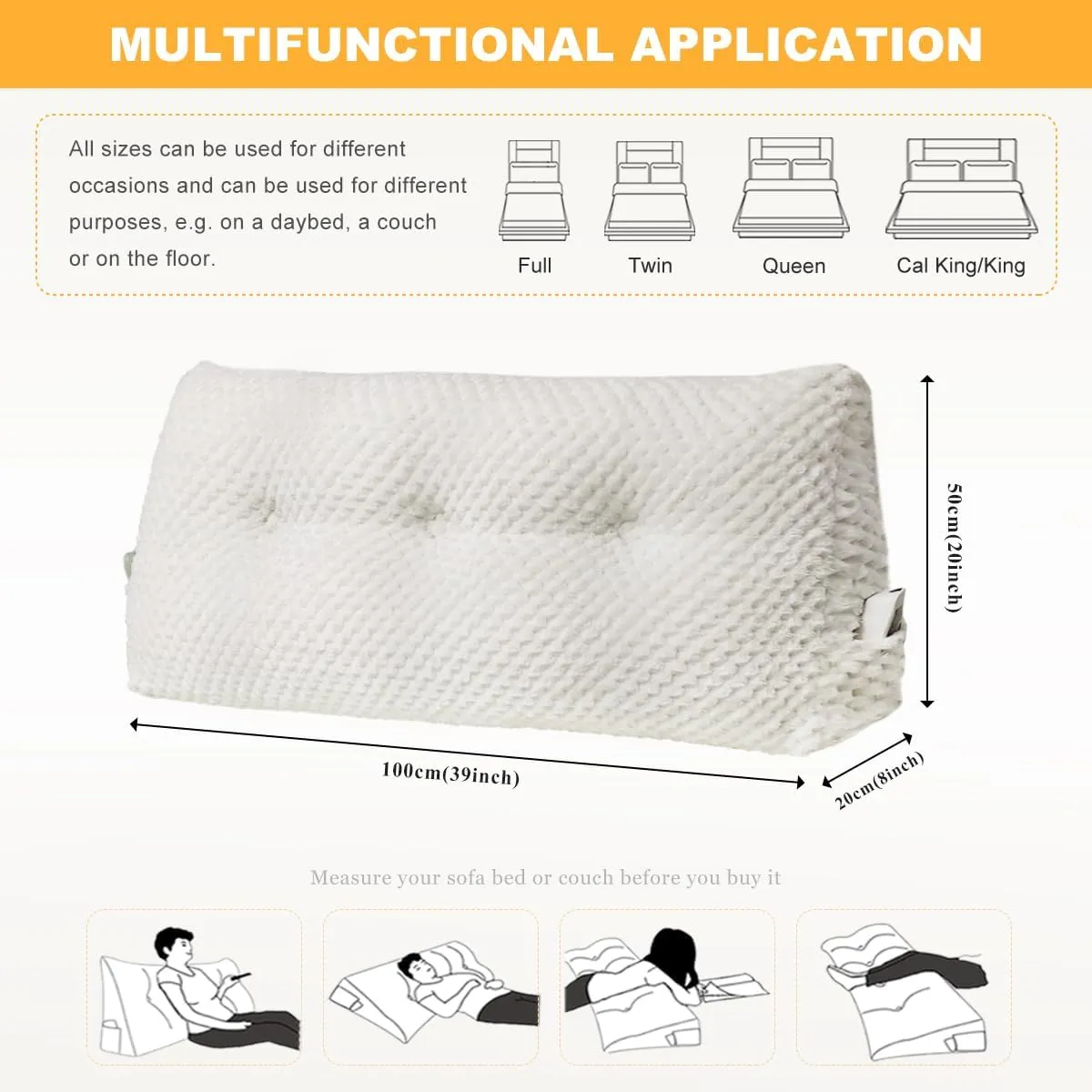 Large Triangular Headboard Wedge Pillow Soft and Supportive Headboard Backrest Positioning Support Bolster Cushion, Bed Wedge Pillow with Removable Cover(White,Twin,39x8x20inch)