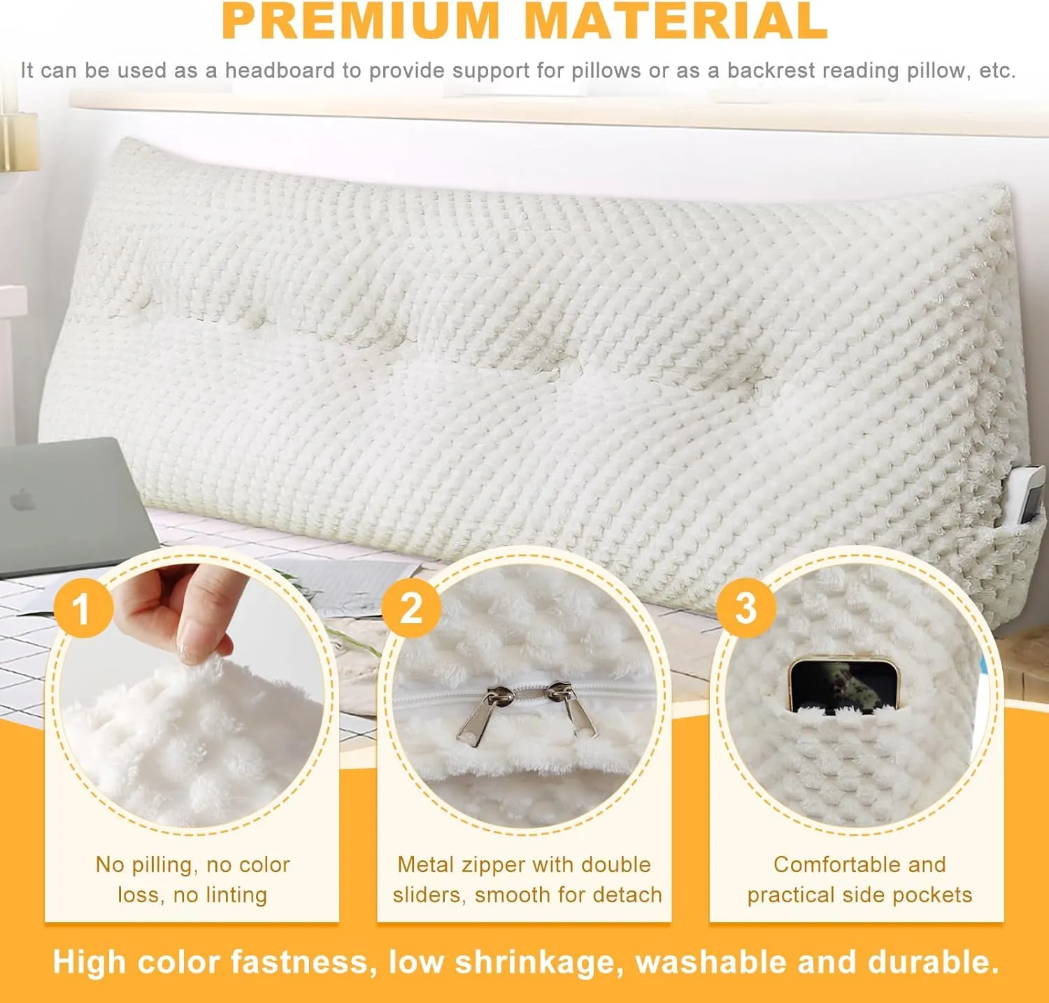 Large Triangular Headboard Wedge Pillow Soft and Supportive Headboard Backrest Positioning Support Bolster Cushion, Bed Wedge Pillow with Removable Cover(White,Twin,39x8x20inch)