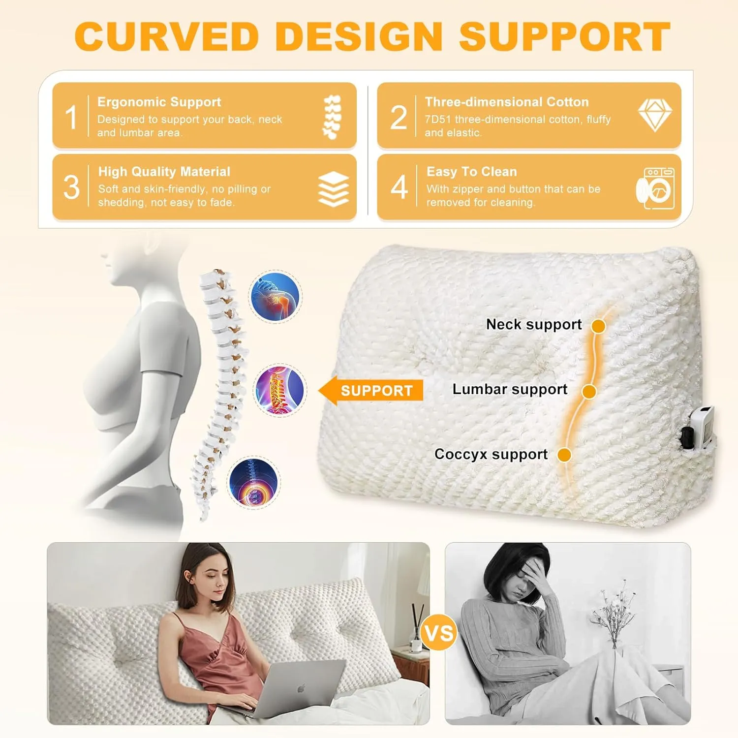 Large Triangular Headboard Wedge Pillow Soft and Supportive Headboard Backrest Positioning Support Bolster Cushion, Bed Wedge Pillow with Removable Cover(White,Twin,39x8x20inch)