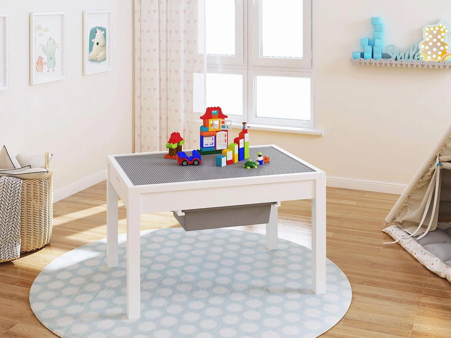 Large 2 in 1 Kid Activity Table with Storage, Play Table for Kids, Boys,Girls,White, 32.2"W x 22.2"L x 20"H, Ages 3 