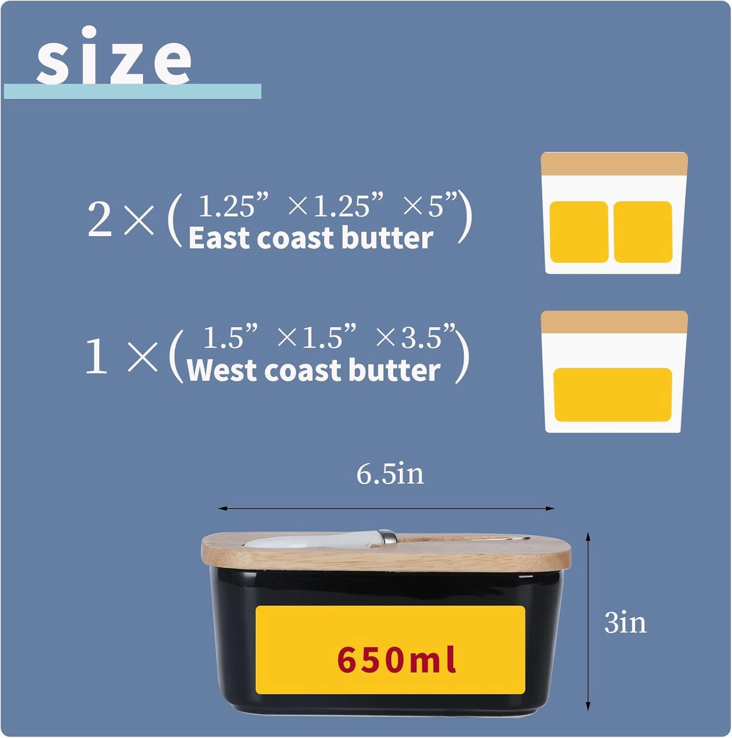Large Ceramic Butter Dish for Countertop Butter Keeper with Silicone Sealing, Natural Wooden Lid and Stainless Steel Knife, Kitchen Decor and Accessories for Kitchen Gifts (Black)