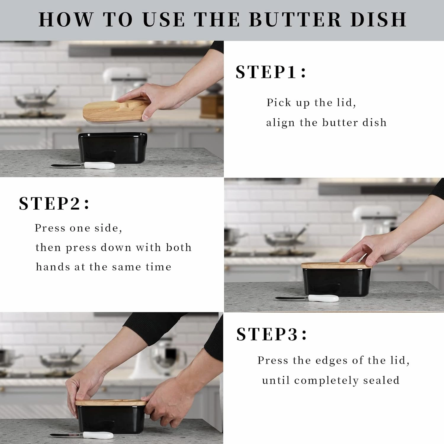 Large Ceramic Butter Dish for Countertop Butter Keeper with Silicone Sealing, Natural Wooden Lid and Stainless Steel Knife, Kitchen Decor and Accessories for Kitchen Gifts (Black)