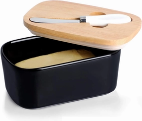 Large Ceramic Butter Dish for Countertop Butter Keeper with Silicone Sealing, Natural Wooden Lid and Stainless Steel Knife, Kitchen Decor and Accessories for Kitchen Gifts (Black)