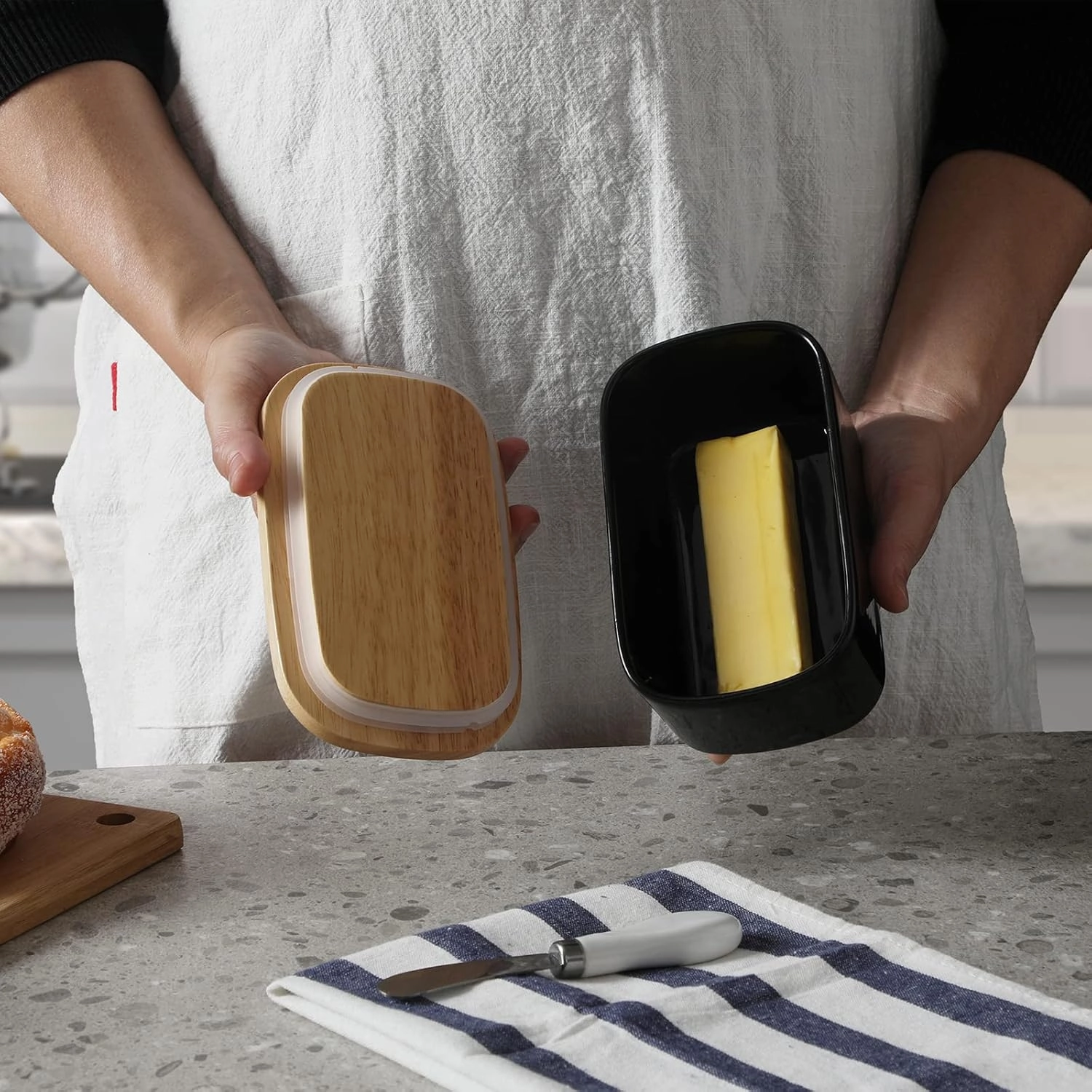 Large Ceramic Butter Dish for Countertop Butter Keeper with Silicone Sealing, Natural Wooden Lid and Stainless Steel Knife, Kitchen Decor and Accessories for Kitchen Gifts (Black)