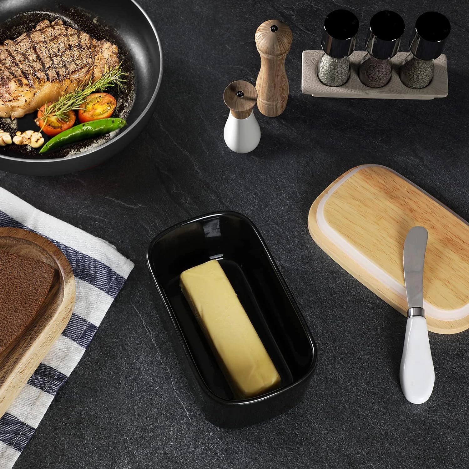 Large Ceramic Butter Dish for Countertop Butter Keeper with Silicone Sealing, Natural Wooden Lid and Stainless Steel Knife, Kitchen Decor and Accessories for Kitchen Gifts (Black)