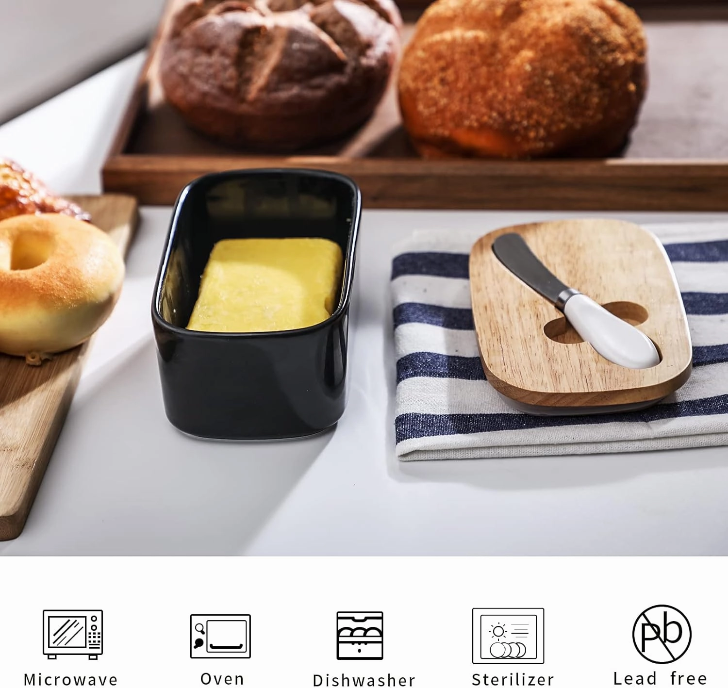 Large Ceramic Butter Dish for Countertop Butter Keeper with Silicone Sealing, Natural Wooden Lid and Stainless Steel Knife, Kitchen Decor and Accessories for Kitchen Gifts (Black)