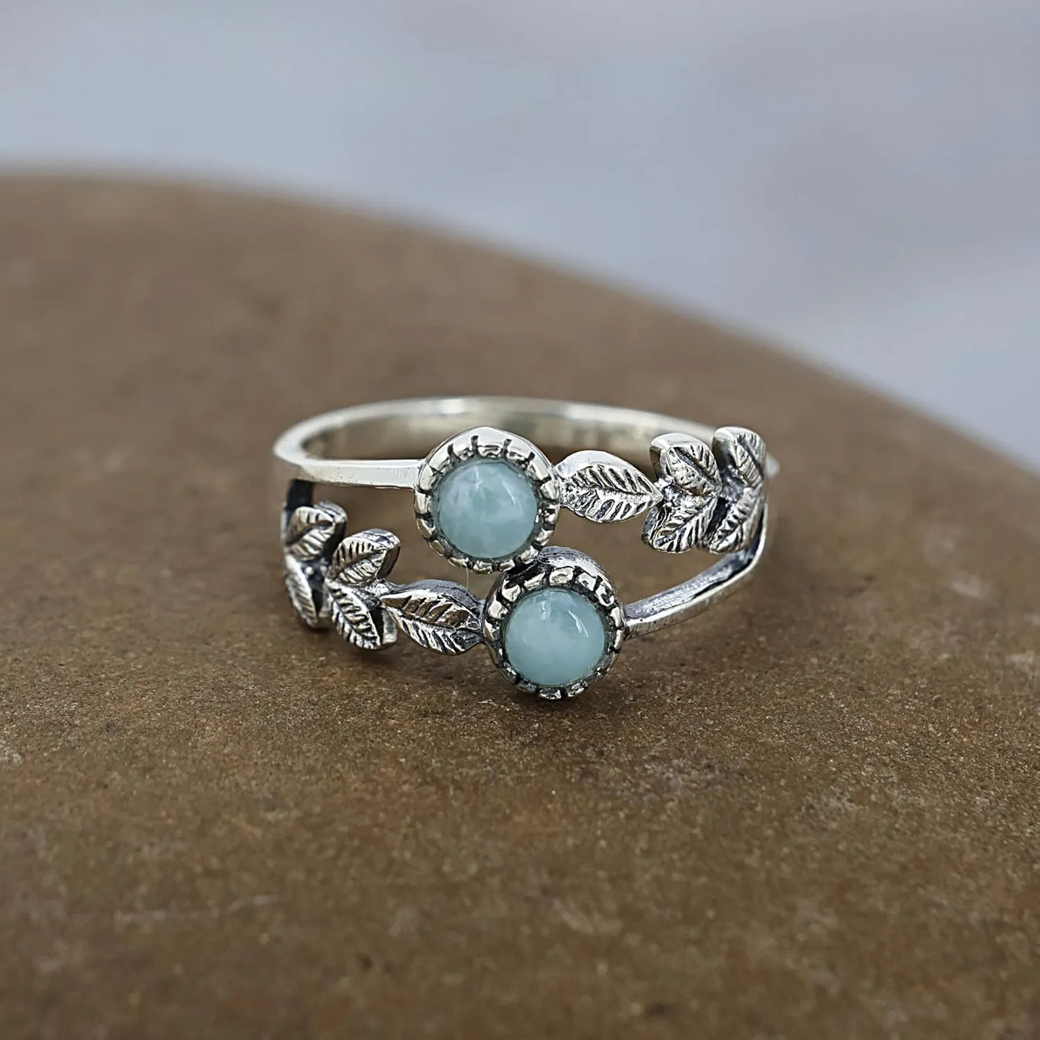 Larimar Ring for Women 925 Sterling Silver Leaf Ring Dominican Republic Natural Larimar Gemstone Ring Jewelry Gift for Christmas Day