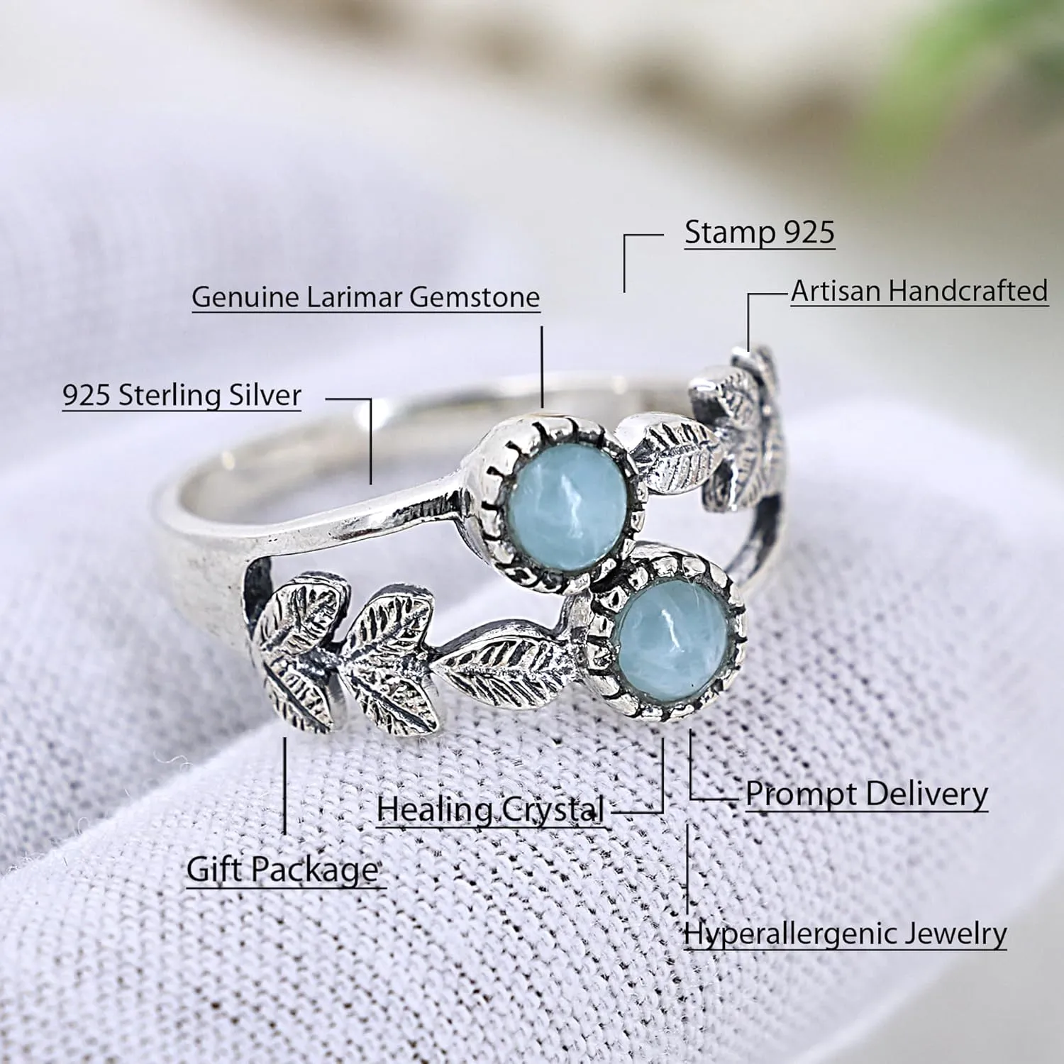 Larimar Ring for Women 925 Sterling Silver Leaf Ring Dominican Republic Natural Larimar Gemstone Ring Jewelry Gift for Christmas Day