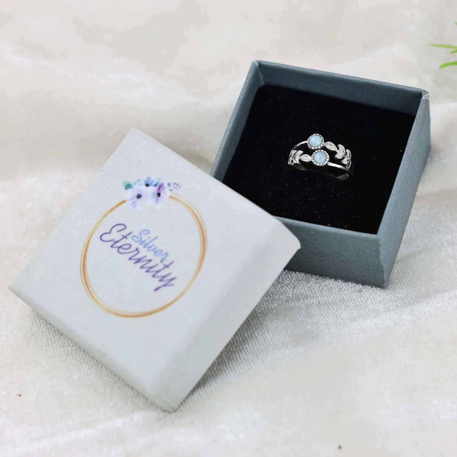 Larimar Ring for Women 925 Sterling Silver Leaf Ring Dominican Republic Natural Larimar Gemstone Ring Jewelry Gift for Christmas Day