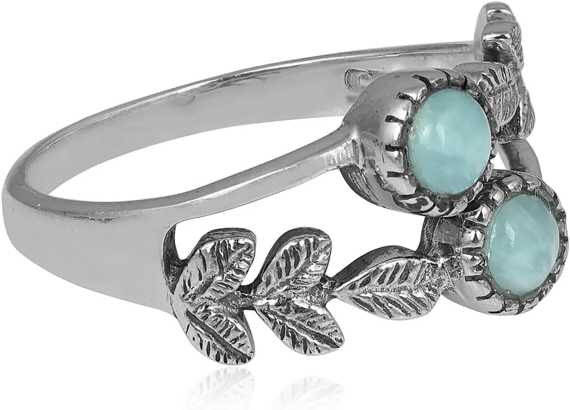 Larimar Ring for Women 925 Sterling Silver Leaf Ring Dominican Republic Natural Larimar Gemstone Ring Jewelry Gift for Christmas Day