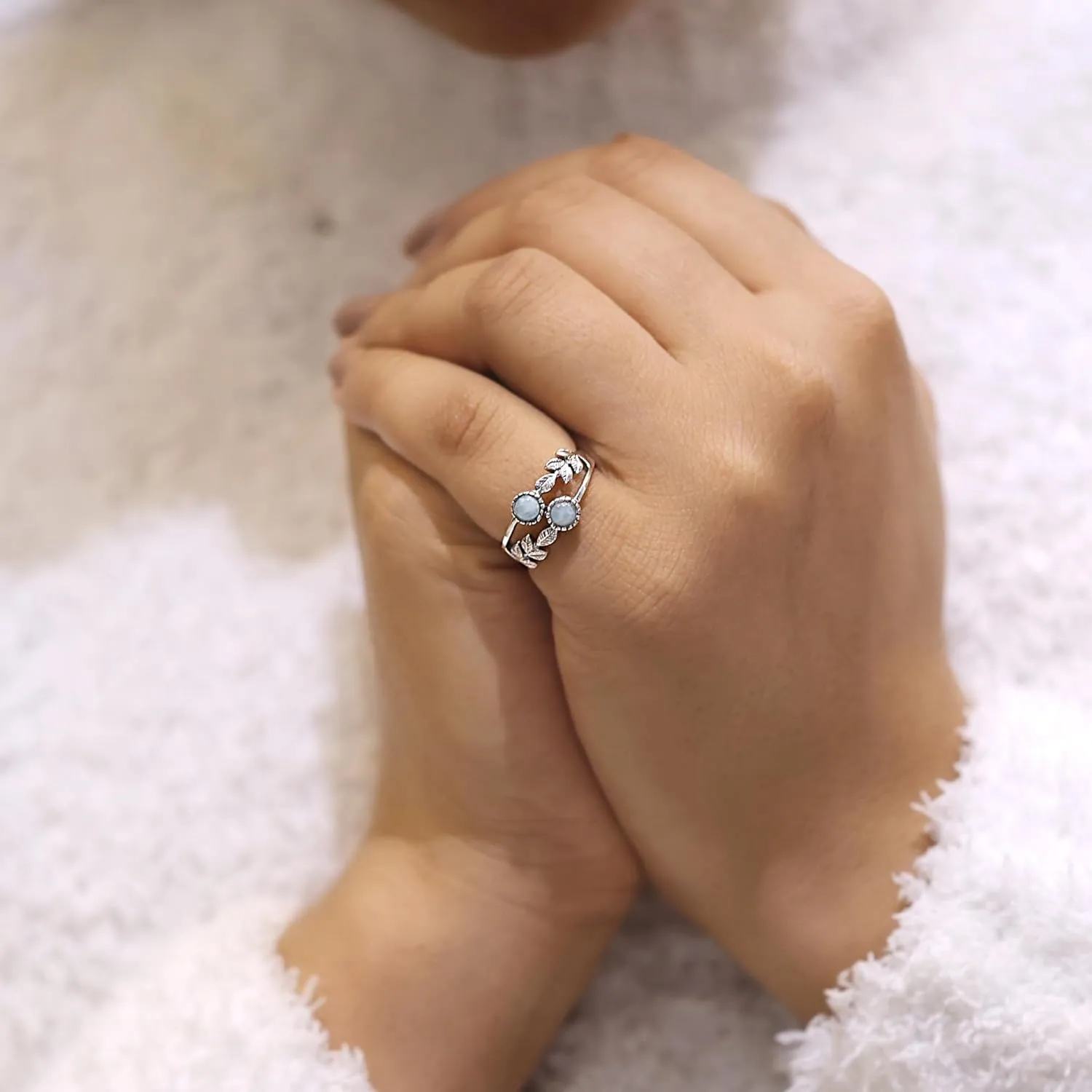 Larimar Ring for Women 925 Sterling Silver Leaf Ring Dominican Republic Natural Larimar Gemstone Ring Jewelry Gift for Christmas Day