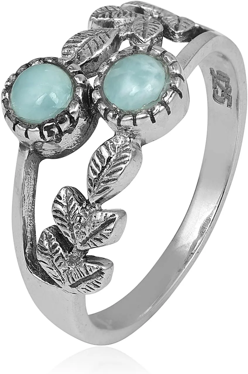 Larimar Ring for Women 925 Sterling Silver Leaf Ring Dominican Republic Natural Larimar Gemstone Ring Jewelry Gift for Christmas Day