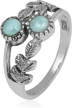 Larimar Ring for Women 925 Sterling Silver Leaf Ring Dominican Republic Natural Larimar Gemstone Ring Jewelry Gift for Christmas Day