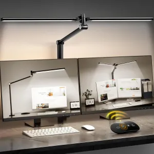 LED Desk Lamp for Home Office, Eye Caring Architect Desk Light with Remote, Dual Screen Computer Monitor Light with Stepless Dimming, Stepless Color Temp, Memory Function for Study, Workbench Black