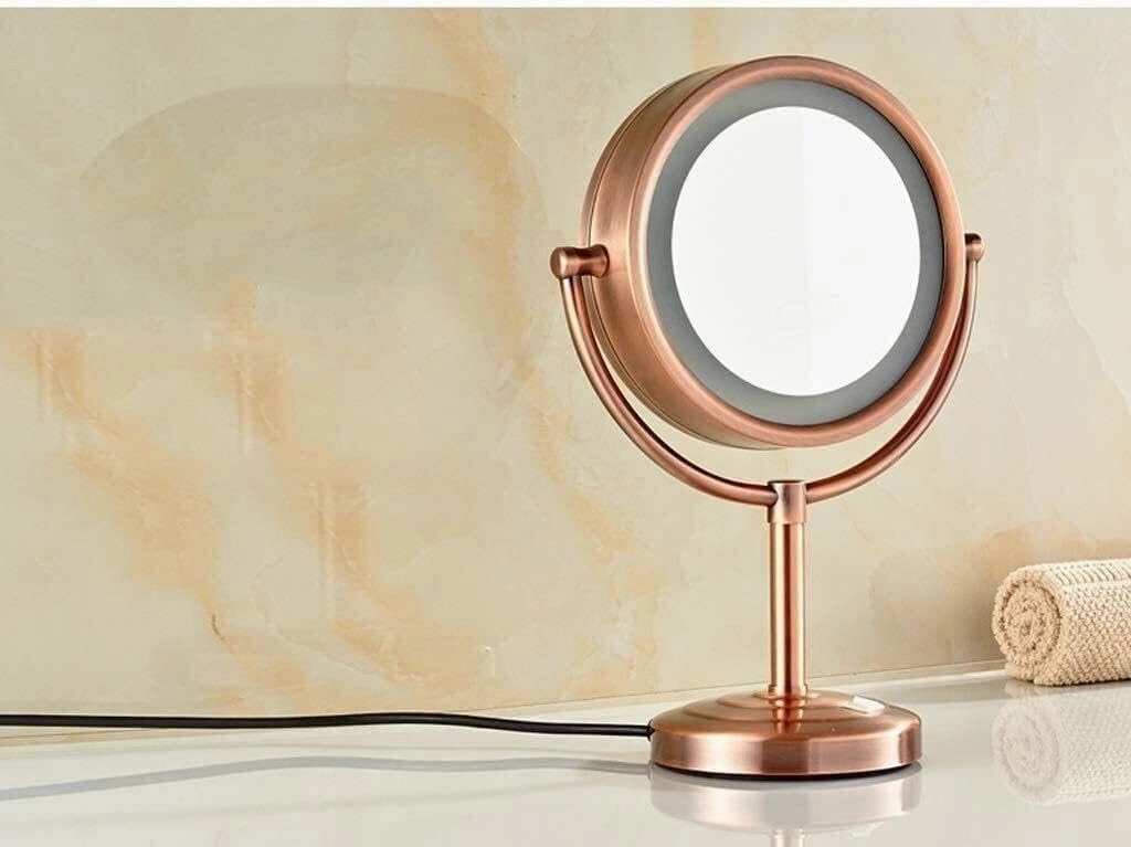 LED Desktop Illuminated Vanity Mirror with 5X Magnification, 360° Rotation, Non-Slip Base, Silver-Plated Glass for Shaving, Makeup & Grooming(7 Times Magnification)