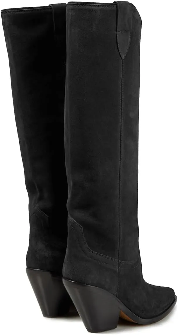 LEHOOR Women Cowboy Knee High Boots Chunky Block Heel Pointed Toe Suede Western Cowgirl Boots Wide Calf Pull On 3" High Stacked Heels Tall Dress Boot Fall Fashion Winter Riding Boot Retro 4-11 M US