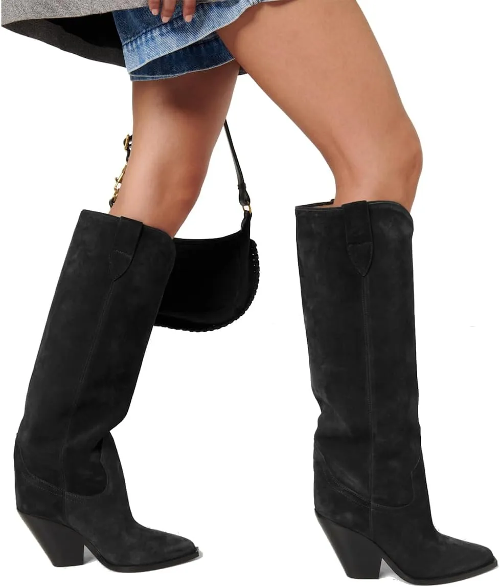 LEHOOR Women Cowboy Knee High Boots Chunky Block Heel Pointed Toe Suede Western Cowgirl Boots Wide Calf Pull On 3" High Stacked Heels Tall Dress Boot Fall Fashion Winter Riding Boot Retro 4-11 M US
