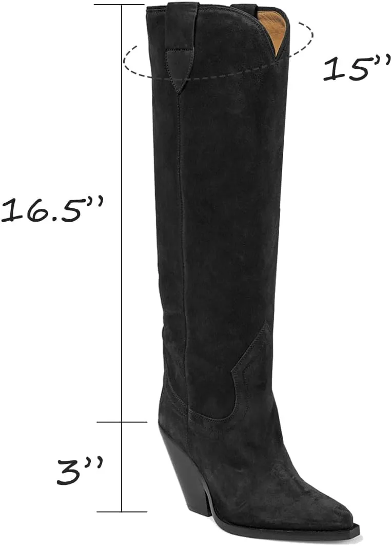 LEHOOR Women Cowboy Knee High Boots Chunky Block Heel Pointed Toe Suede Western Cowgirl Boots Wide Calf Pull On 3" High Stacked Heels Tall Dress Boot Fall Fashion Winter Riding Boot Retro 4-11 M US