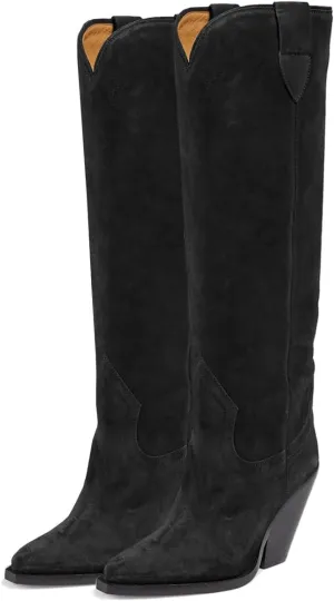 LEHOOR Women Cowboy Knee High Boots Chunky Block Heel Pointed Toe Suede Western Cowgirl Boots Wide Calf Pull On 3" High Stacked Heels Tall Dress Boot Fall Fashion Winter Riding Boot Retro 4-11 M US