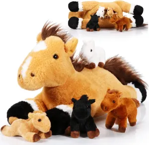 Lenwen 5 Pcs Horse Stuffed Animals Large Mommy Horse Plush with 4 Cute Babies in Zippered Belly Nurturing Plushie Toy Set for Birthday Gift Derby Party Favors(Cute)