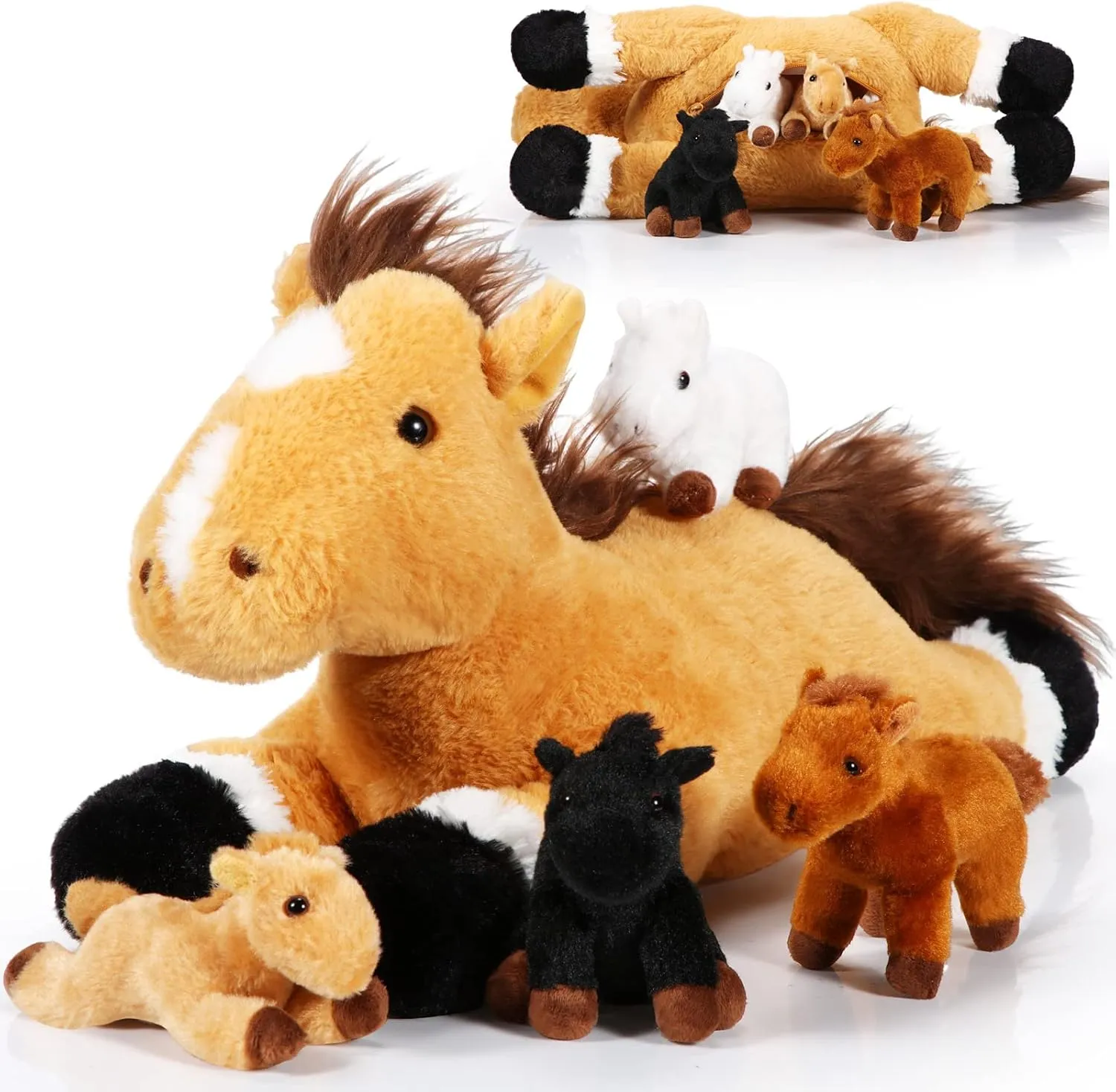 Lenwen 5 Pcs Horse Stuffed Animals Large Mommy Horse Plush with 4 Cute Babies in Zippered Belly Nurturing Plushie Toy Set for Birthday Gift Derby Party Favors(Cute)