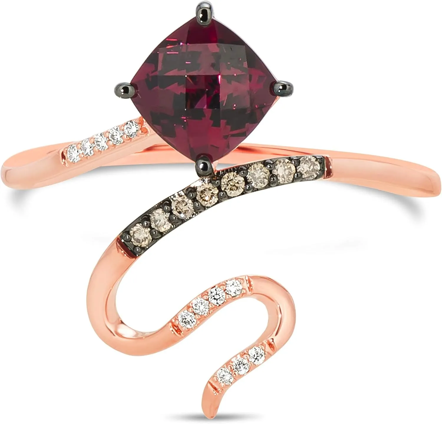 LeVian 14K Rose Gold, Rhodolite Garnet, White & Chocolate Diamonds Snake Ring (Fancy Brown/G-H Color, VS2-SI1 Clarity)