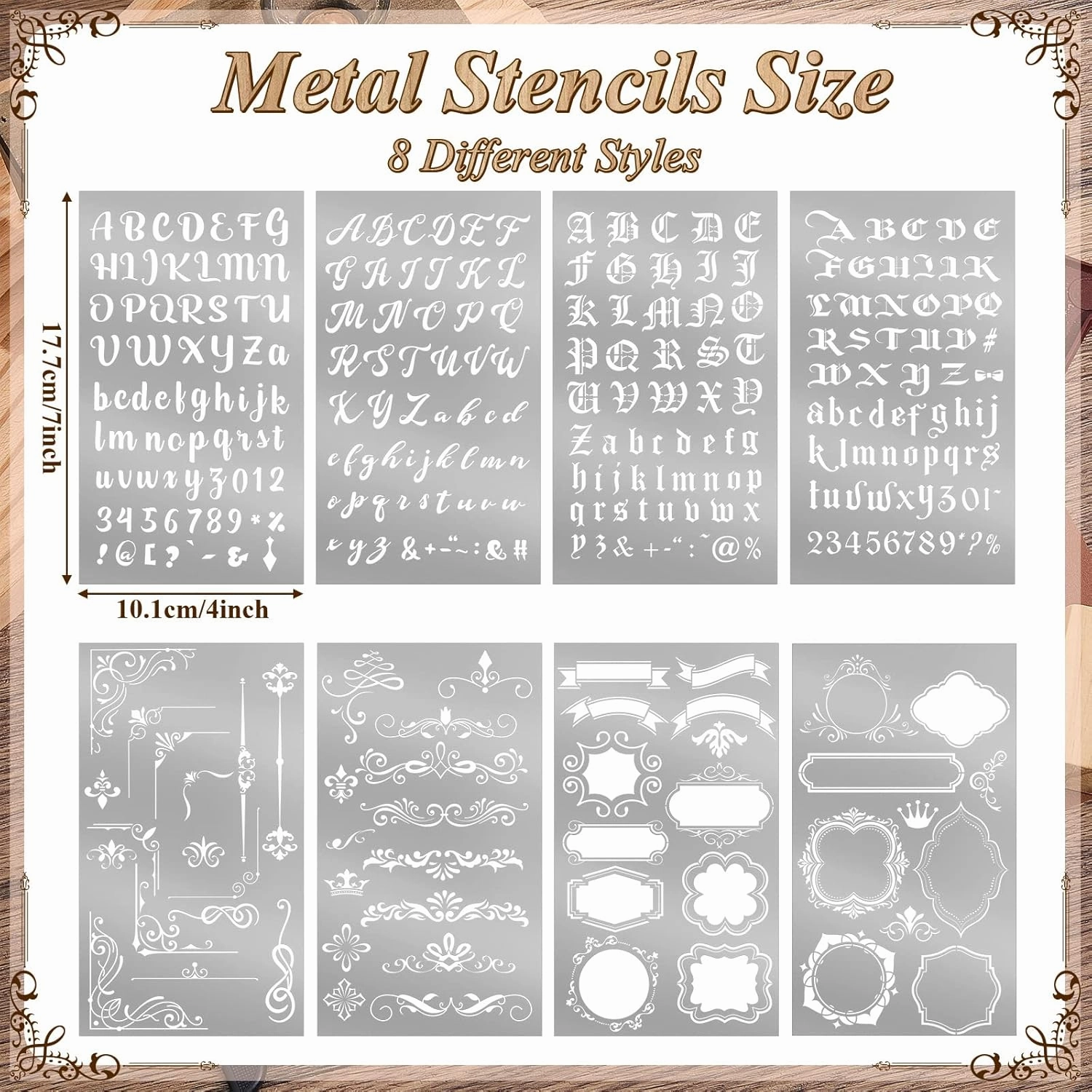 Lewtemi 8 Pcs 4 x 7 Inch Metal Letter Number Stencils Stainless Steel Metal Alphabet Stencils for Engraving Painting Journaling Bookmark Flower Vines DIY(Stylish Style)