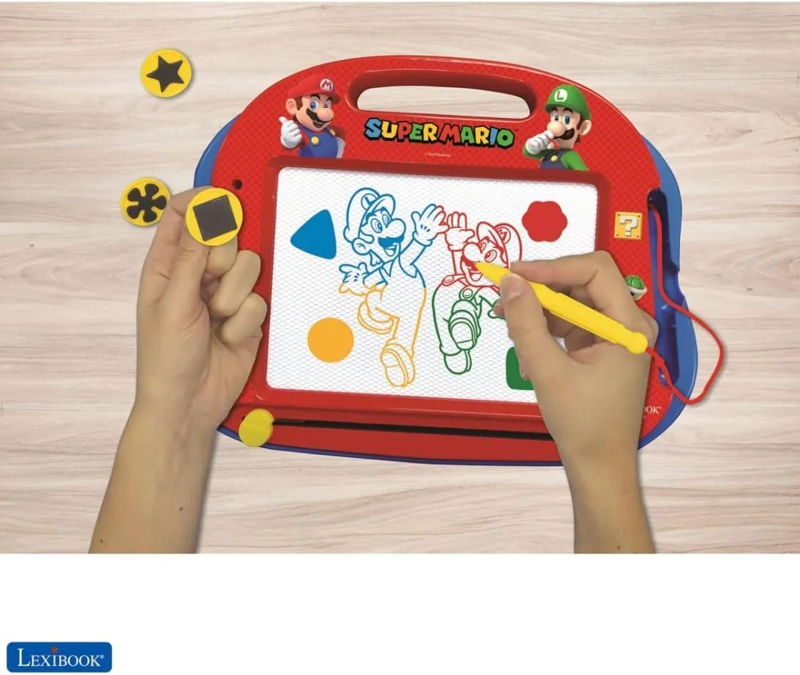 LEXIBOOK CRNI550 Super Mario Brothers Multicolor Magic Magnetic Nintendo Drawing Board, Artistic Creative Toy for Girls and Boys, Stylus Pen and Stamps, Red/Blue