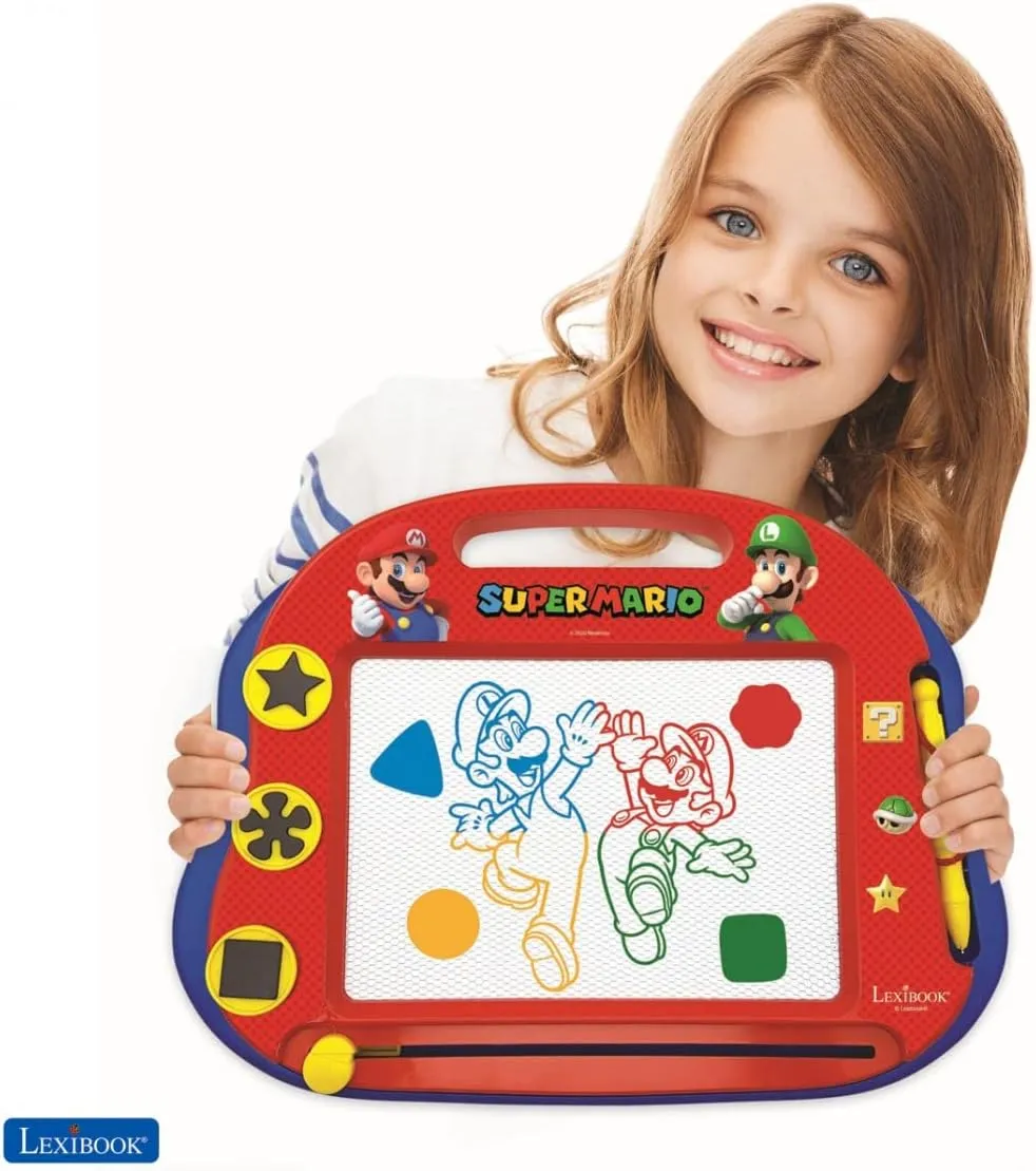 LEXIBOOK CRNI550 Super Mario Brothers Multicolor Magic Magnetic Nintendo Drawing Board, Artistic Creative Toy for Girls and Boys, Stylus Pen and Stamps, Red/Blue