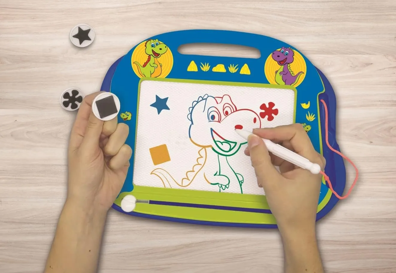 LEXiBOOK, Dinosaur, Multicolor Magic Magnetic Drawing Board, Artistic Creative Toy for Girls and Boys, Stylus Pen and Stamps, Blue, CRDINO550