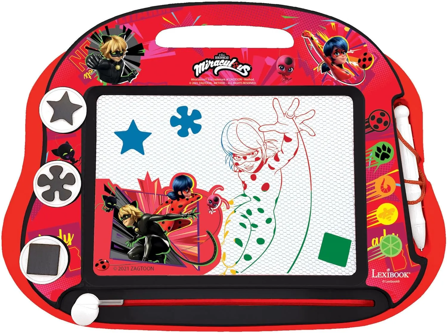 LEXiBOOK, Miraculous Ladybug Cat Noir, Multicolor Magic Magnetic Drawing Board, Artistic Creative Toy for Girls and Boys, Stylus Pen and Stamps, Red/Black, CRMI550