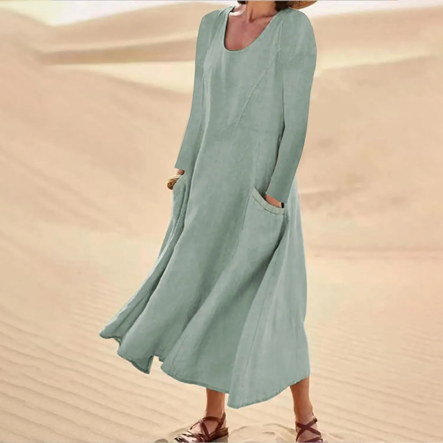Linen Dresses for Women 2024 Plus Size Long Sleeve Solid Cotton Linen Dress Causal Ruffle Fall Dresses with Pockets