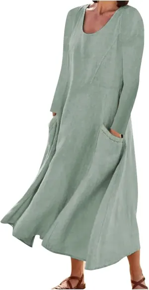Linen Dresses for Women 2024 Plus Size Long Sleeve Solid Cotton Linen Dress Causal Ruffle Fall Dresses with Pockets