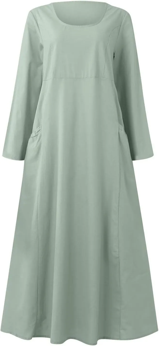 Linen Dresses for Women 2024 Plus Size Long Sleeve Solid Cotton Linen Dress Causal Ruffle Fall Dresses with Pockets