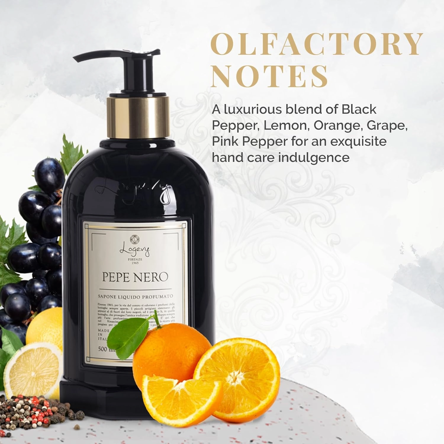 Logevy Pepe Nero Liquid Hand Soap – Mood Boosting Fragrance Made from the Best Skin-Friendly Ingredients Rich in Nutritional Properties for Hydrating and Soothing Action – 500ml