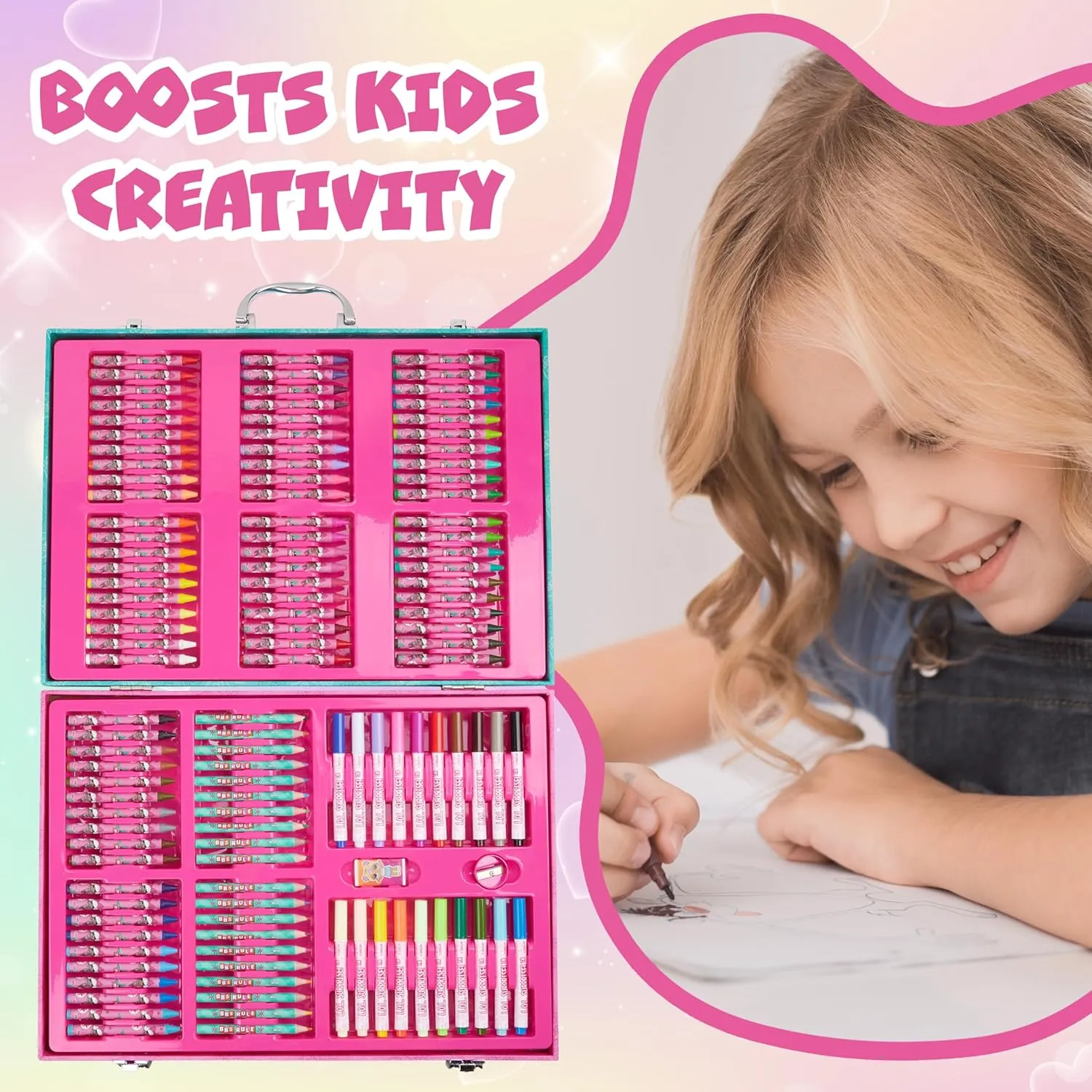 L.O.L Surprise! Colored Pencils Art Supplies Kids Drawing Kit School Supplies Painting Kit Girls Drawing Pencils Art Kit Travel Case with Crayons Arts and Crafts for Kids 4-12 (Pink 130 Pcs)