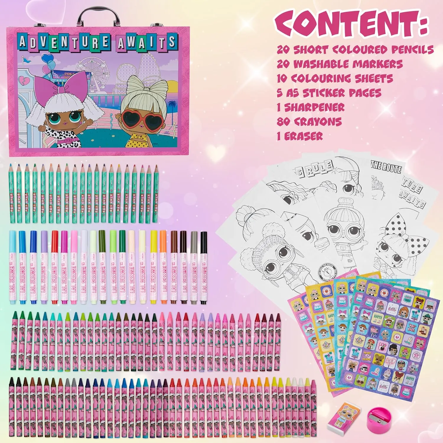 L.O.L Surprise! Colored Pencils Art Supplies Kids Drawing Kit School Supplies Painting Kit Girls Drawing Pencils Art Kit Travel Case with Crayons Arts and Crafts for Kids 4-12 (Pink 130 Pcs)