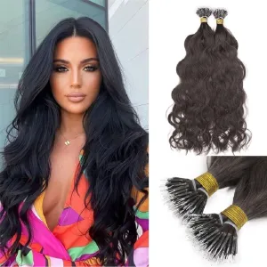 Long Natural Wave Nano Ring Human Hair Extension Microlink Brazilian Remy Nano Beads Ring Hair #Black #Brown Color For Black Women 100g 100strands (20inch 100strands, Natural Color)