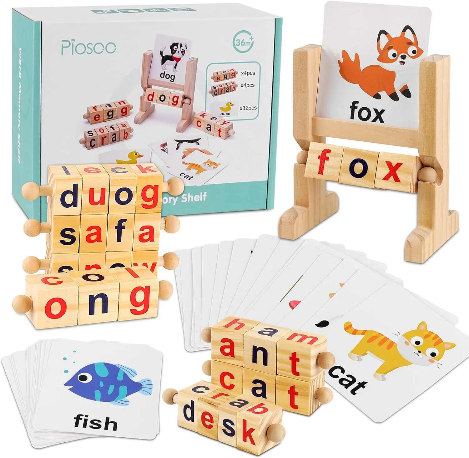LOOIKOOS Wordcraft Learning Wooden Reading Blocks, Montessori Educational Toys for Kids Flash Cards Toddler Learning Toys Word Building Puzzles Words Spelling Games for Preschool Boys Girls