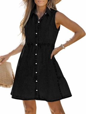 LookbookStore Denim Dress for Women Sleeveless Babydoll Button Down Short Jean Dresses Cute Summer