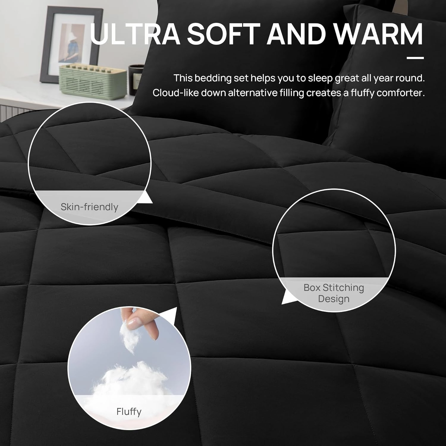 Love's cabin King Size Comforter Set Black, 7 Pieces King Bed in a Bag, All Season Bedding Sets with 1 Comforter, 1 Flat Sheet, 1 Fitted Sheet, 2 Pillowcase and 2 Pillow Sham