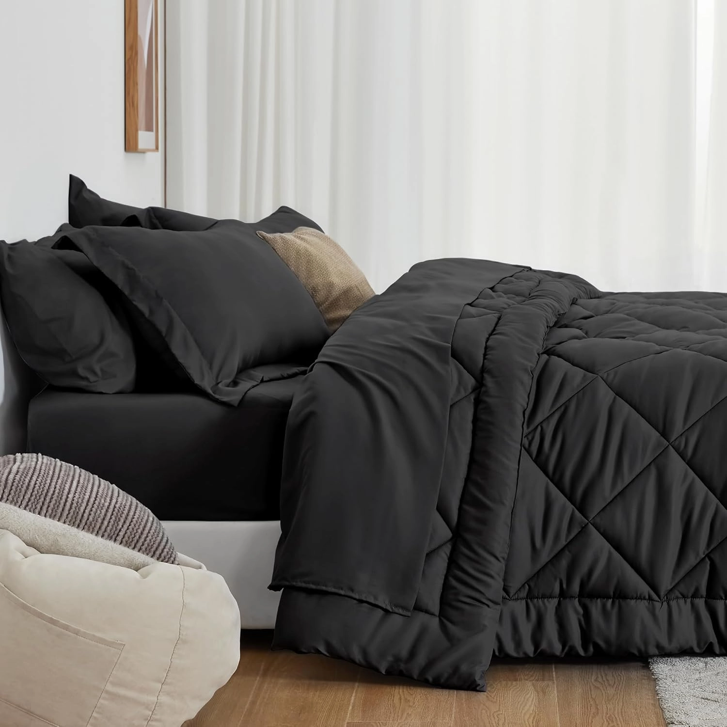 Love's cabin King Size Comforter Set Black, 7 Pieces King Bed in a Bag, All Season Bedding Sets with 1 Comforter, 1 Flat Sheet, 1 Fitted Sheet, 2 Pillowcase and 2 Pillow Sham