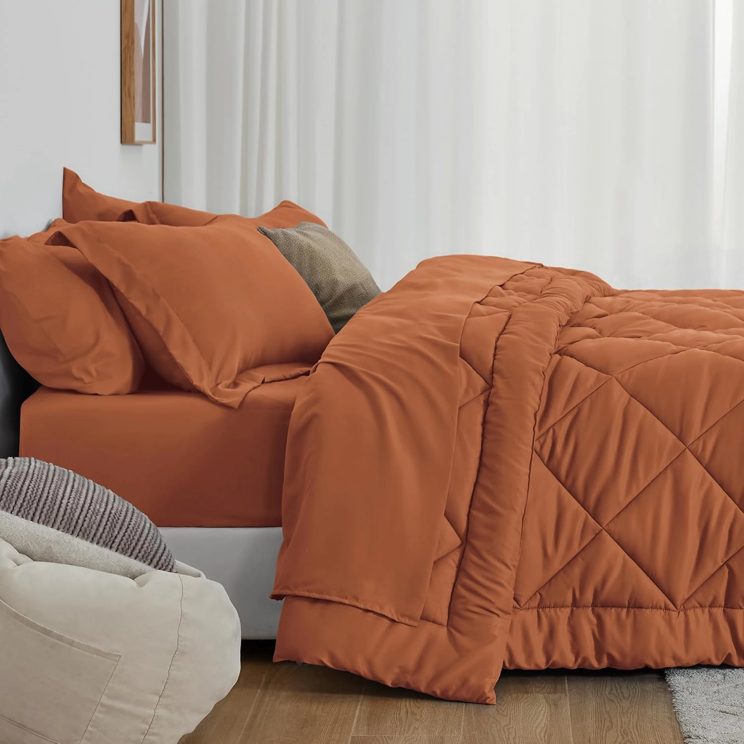 Love's cabin Twin Comforter Set Terracotta, 5 Pieces Twin Bed in a Bag, All Season Bedding Sets with 1 Comforter, 1 Flat Sheet, 1 Fitted Sheet, 1 Pillowcase and 1 Pillow Sham