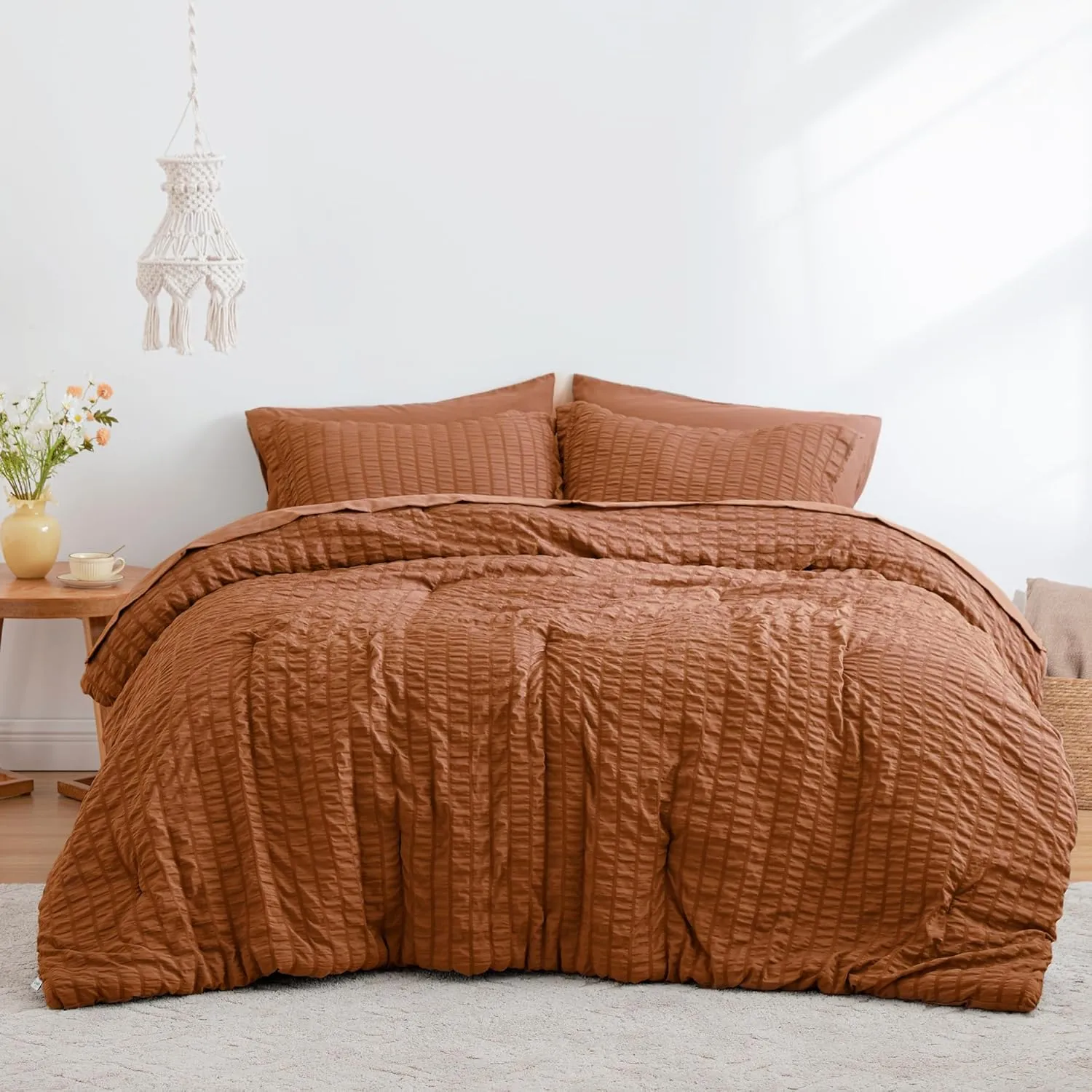 Love's cabin Seersucker Terracotta King Size Comforter Set 7 Pieces, All Season Bedding Set, King Bed in a Bag Comforter Set with Comforter, Flat Sheet, Fitted Sheet, Pillowcase and Pillow Sham