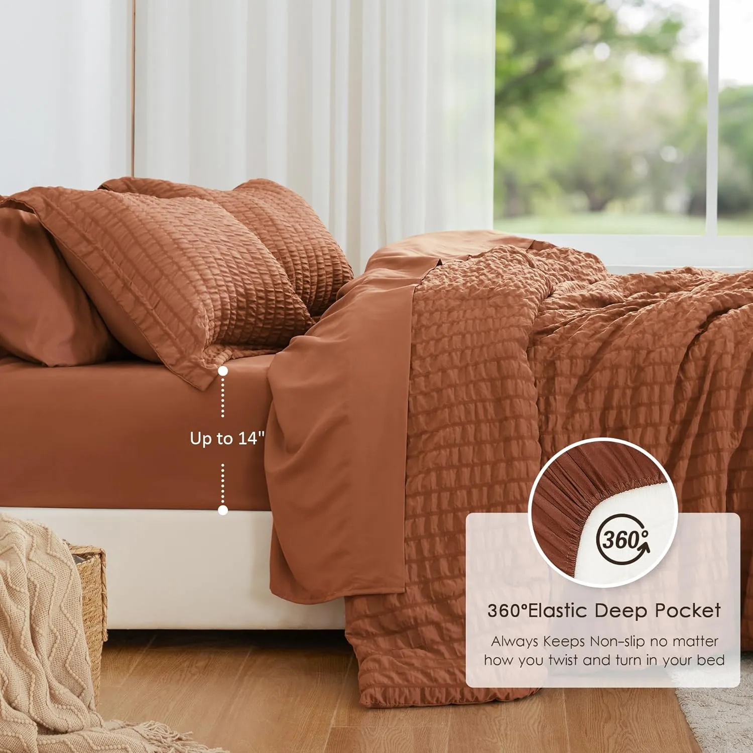 Love's cabin Seersucker Terracotta King Size Comforter Set 7 Pieces, All Season Bedding Set, King Bed in a Bag Comforter Set with Comforter, Flat Sheet, Fitted Sheet, Pillowcase and Pillow Sham