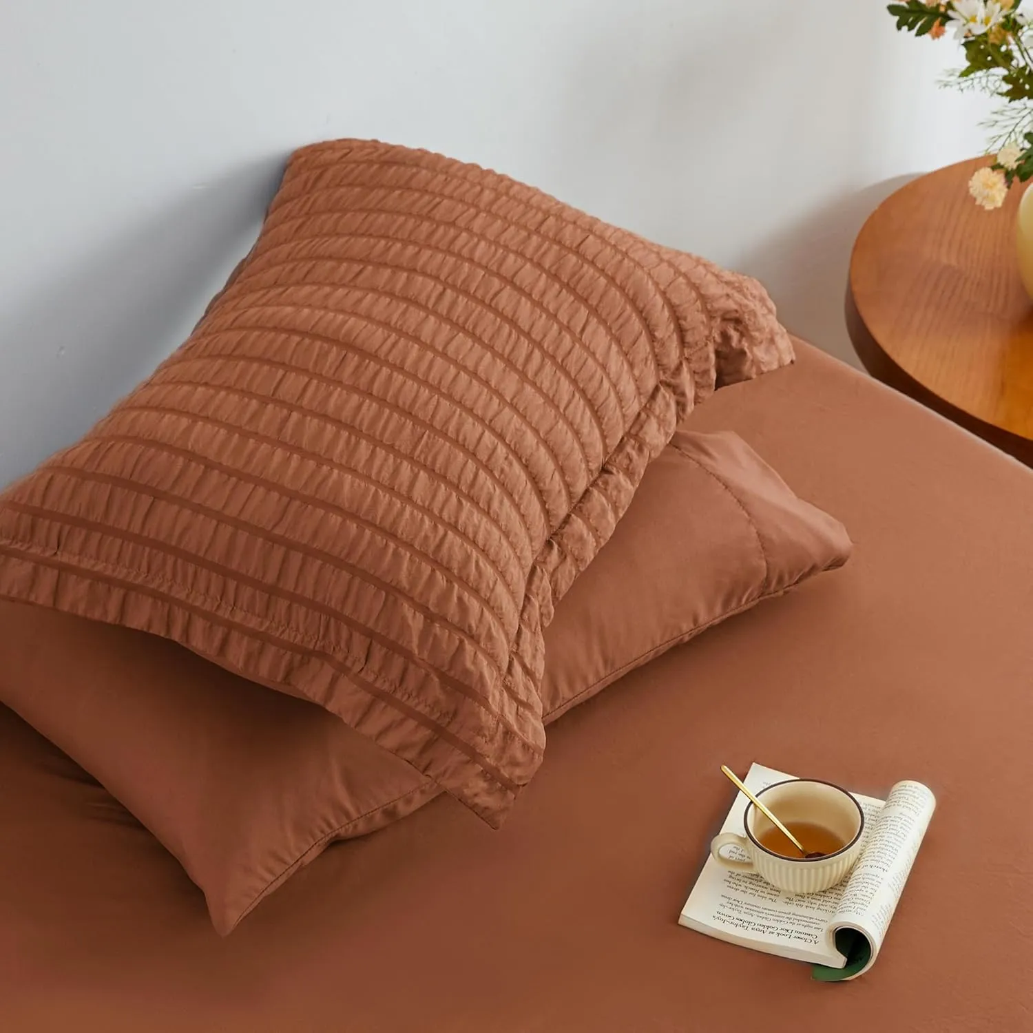 Love's cabin Seersucker Terracotta King Size Comforter Set 7 Pieces, All Season Bedding Set, King Bed in a Bag Comforter Set with Comforter, Flat Sheet, Fitted Sheet, Pillowcase and Pillow Sham