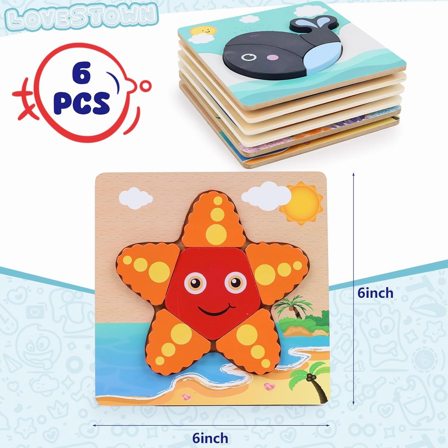 LovesTown Wooden Toddler Puzzles Montessori Sea Animal Jigsaw Puzzle, Educational Preschool Learning Toys for Boys and Girls, Pack of 6