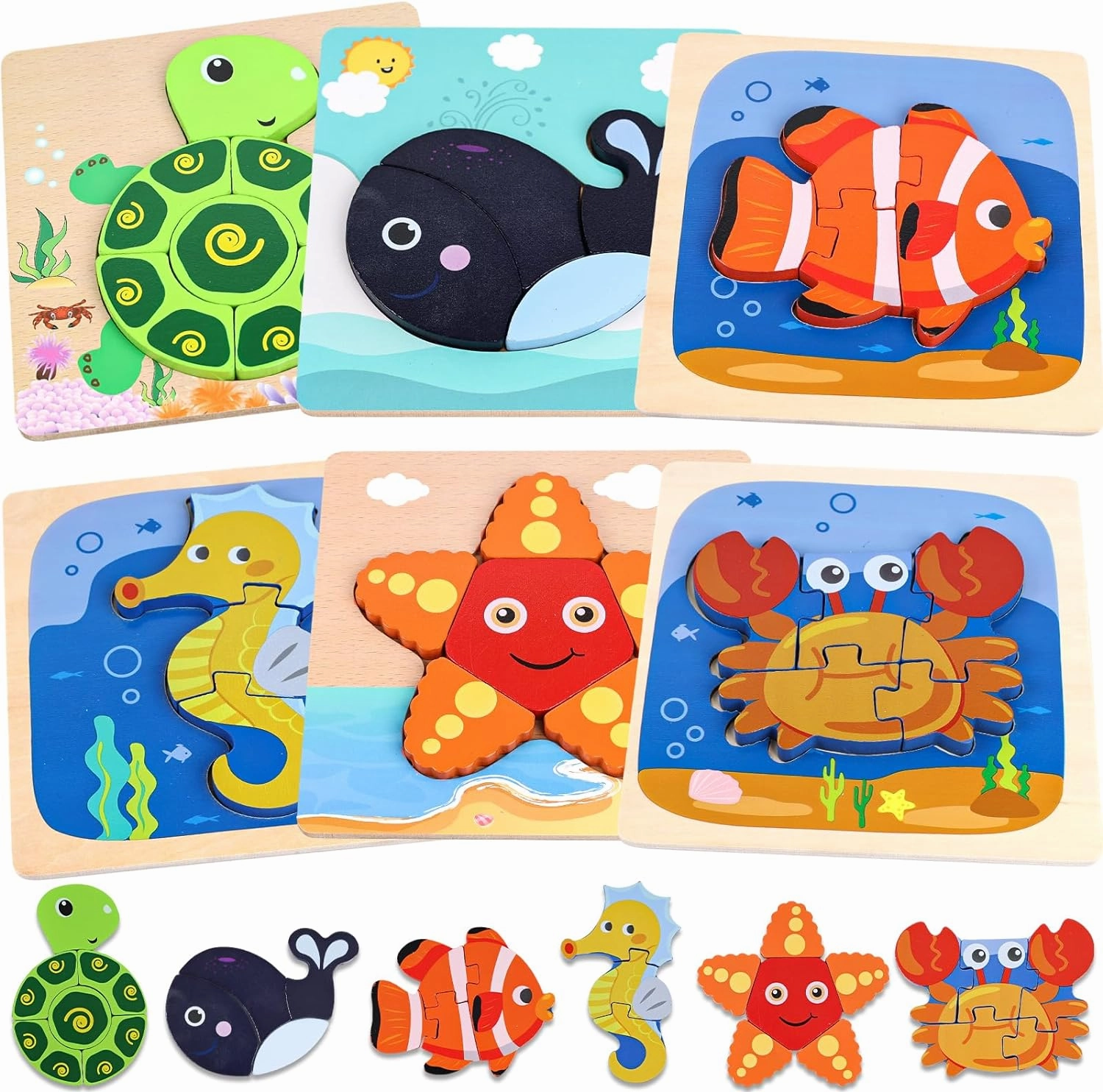 LovesTown Wooden Toddler Puzzles Montessori Sea Animal Jigsaw Puzzle, Educational Preschool Learning Toys for Boys and Girls, Pack of 6
