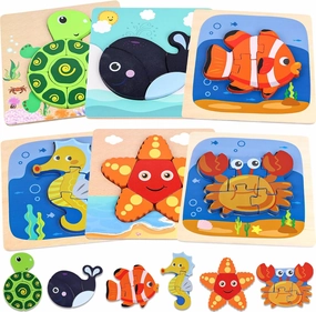 LovesTown Wooden Toddler Puzzles Montessori Sea Animal Jigsaw Puzzle, Educational Preschool Learning Toys for Boys and Girls, Pack of 6