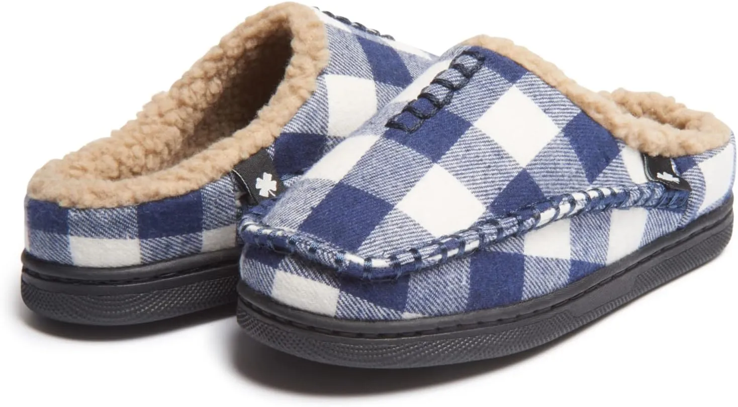 Lucky Brand Boys Buffalo Plaid Memory Foam Clog Slippers, Non Slip Rubber Sole House Shoes, Kids Cozy Fluffy Bedroom Clogs
